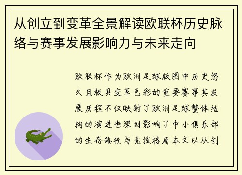 从创立到变革全景解读欧联杯历史脉络与赛事发展影响力与未来走向