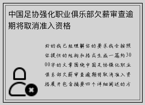 中国足协强化职业俱乐部欠薪审查逾期将取消准入资格